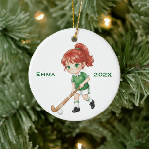 Personalised Girls (Red Hair) Field Hockey Player Ceramic Tree Decoration