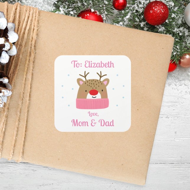 Personalised Girls Reindeer Christmas Gift Square Sticker (Creator Uploaded)