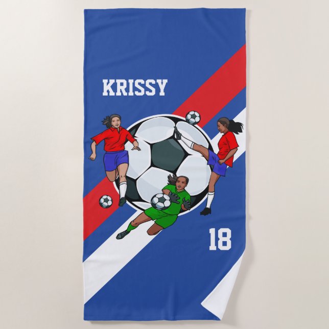 Personalised Girls Soccer Designer Beach Towel (Front)