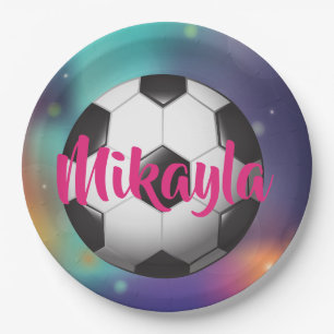 Personalised Girls Soccer galaxy Birthday Plates