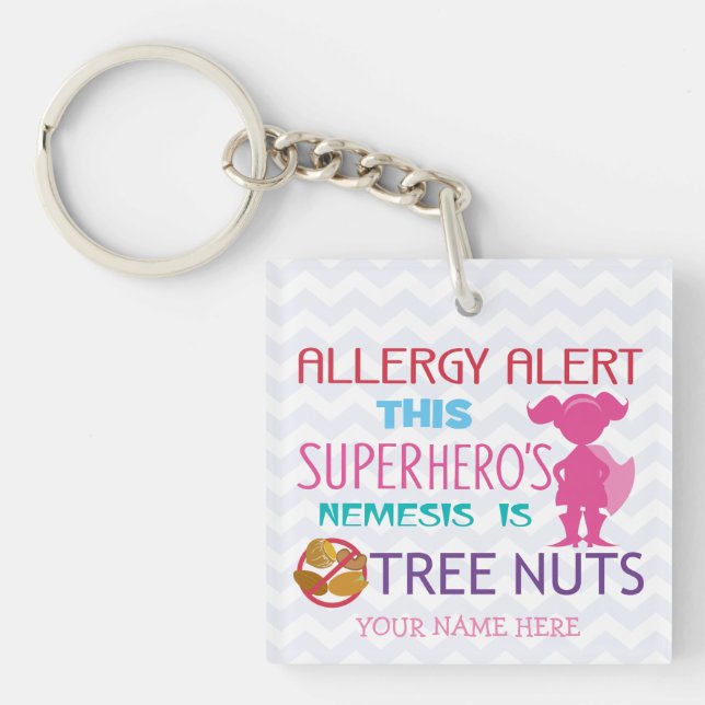 Personalised Girls Superhero Tree Nut Allergy Kids Key Ring (Front)