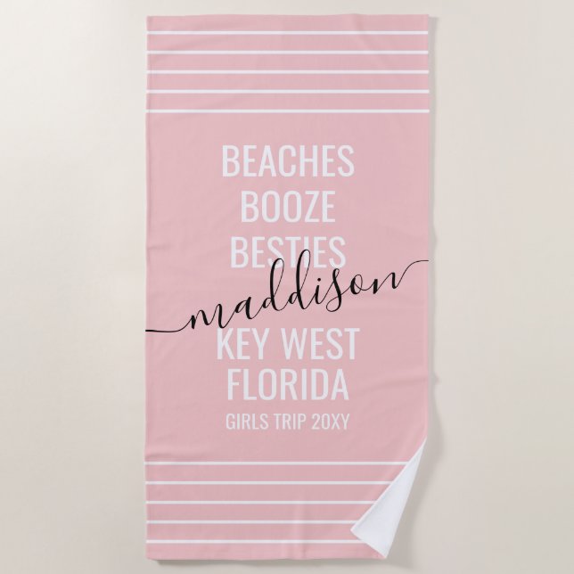 Personalised Girls Trip Beaches Booze Besties Pink Beach Towel (Front)