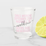 Personalised Girls Weekend Friends Trip Custom Shot Glass<br><div class="desc">Personalised Girls Weekend Friends Trip Custom Shot Glass with editable text and wording for your date,  destination or location,  name,  and fun quote like "besties,  buds,  and beverages" in pink and black makes a fun keepsake for your travel squad or bridesmaids.</div>