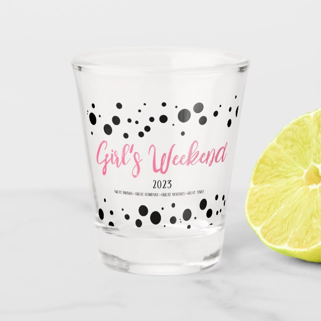 Personalised Girl's Weekend Pink Dotted Shot Glass (Front)