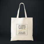Personalised Girls Weekend Trip Minimal Design Tote Bag<br><div class="desc">Personalised Girls Weekend Trip Custom Tote Bag with a minimal boxed text design with editable wording with a date, destination or location, name, and fun quote like "besties, buds, and beverages" so you can create your own fun and useful keepsake for your bestie travel squad, or bridesmaids, or travel friends...</div>