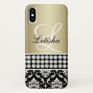 Personalised Girly Bold Gold Black Damask Monogram iPhone X Case