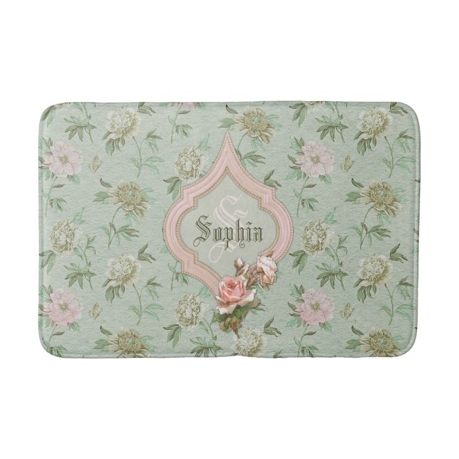 Personalised Girly Chic Green and Pink Floral Bath Mat (Front)