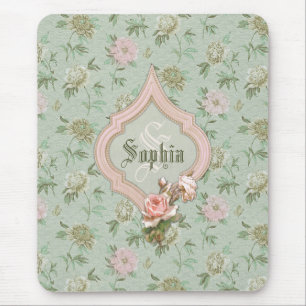 Personalised Girly Chic Green and Pink Floral Mouse Mat