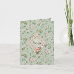 Personalised Girly Chic Green and Pink Floral Note Card