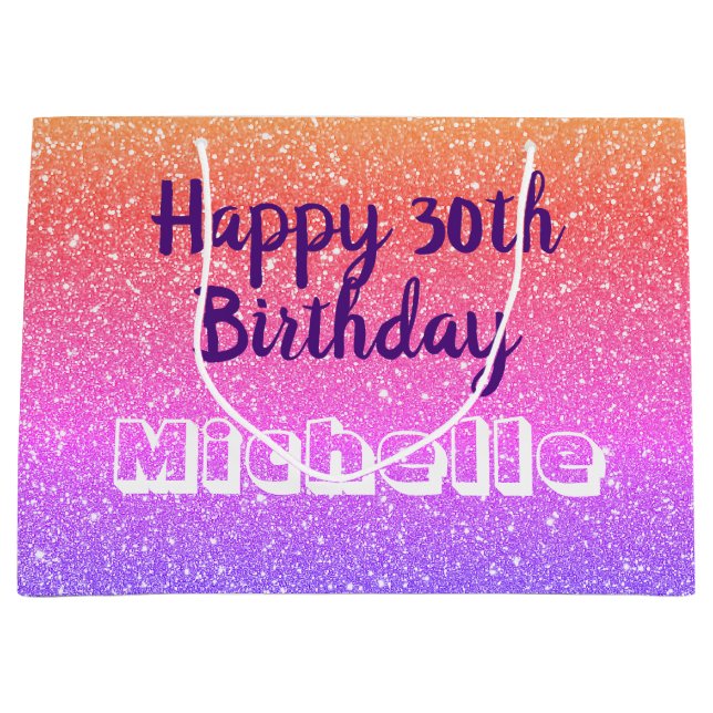 Personalised Girly Glitter 30th Birthday Large Gift Bag (Front)