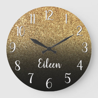 Personalised Girly Gold Glitter Black Ombre Large Clock