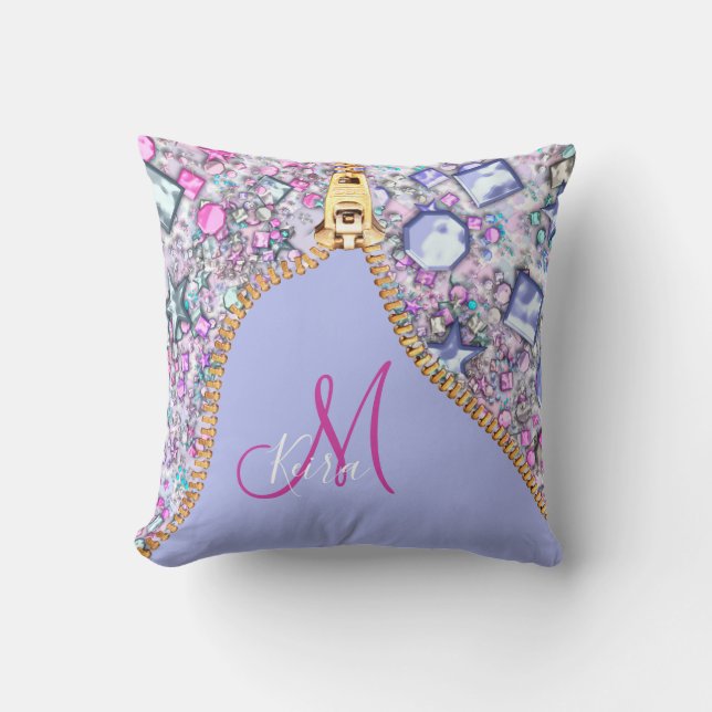 Personalised Girly Gold Glitter Monogrammed Blue Cushion (Front)