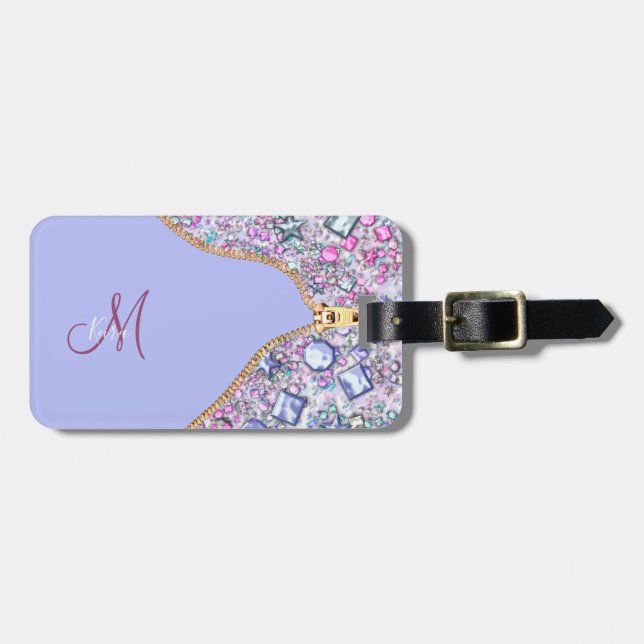 Personalised Girly Gold Glitter Monogrammed Blue Luggage Tag (Front Horizontal)
