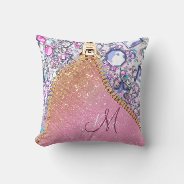 Personalised Girly Gold Glitter Monogrammed Rose Cushion (Front)
