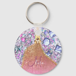 Personalised Girly Gold Glitter Monogrammed Rose Key Ring