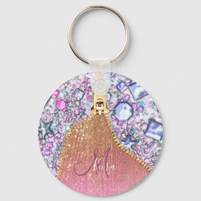 Personalised Girly Gold Glitter Monogrammed Rose Key Ring (Front)