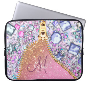 Personalised Girly Gold Glitter Monogrammed Rose Laptop Sleeve