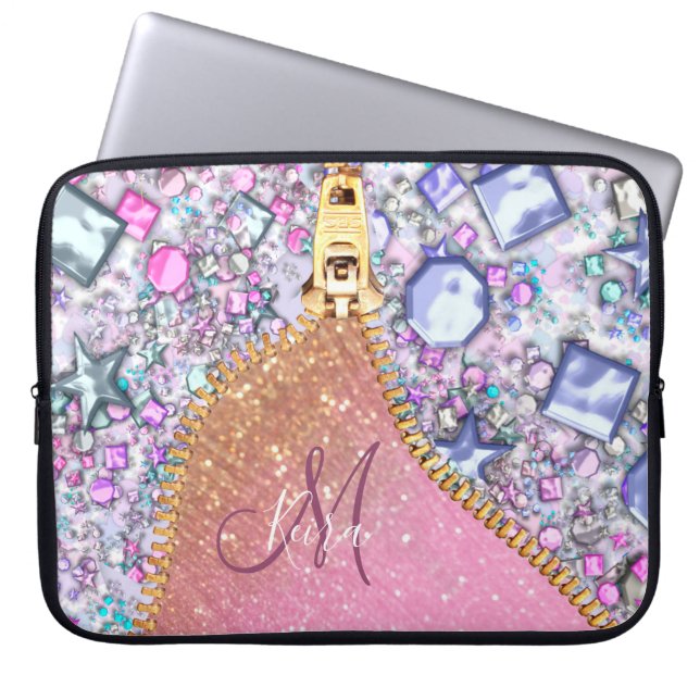 Personalised Girly Gold Glitter Monogrammed Rose Laptop Sleeve (Front)