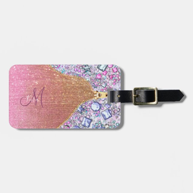 Personalised Girly Gold Glitter Monogrammed Rose Luggage Tag (Front Horizontal)