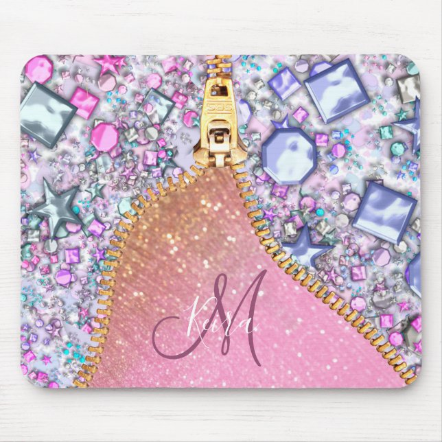 Personalised Girly Gold Glitter Monogrammed Rose Mouse Mat (Front)