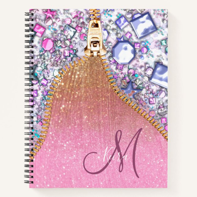 Personalised Girly Gold Glitter Monogrammed Rose Notebook (Front)