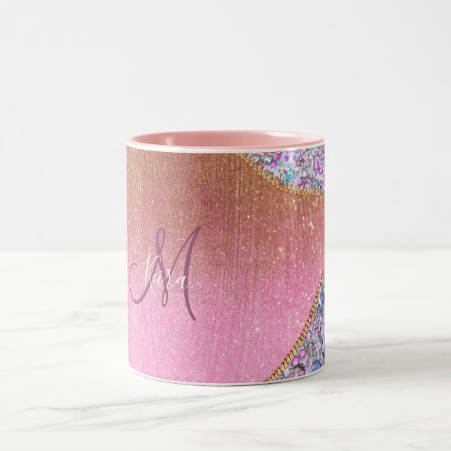 Personalised Girly Gold Glitter Monogrammed Rose Two-Tone Coffee Mug (Center)