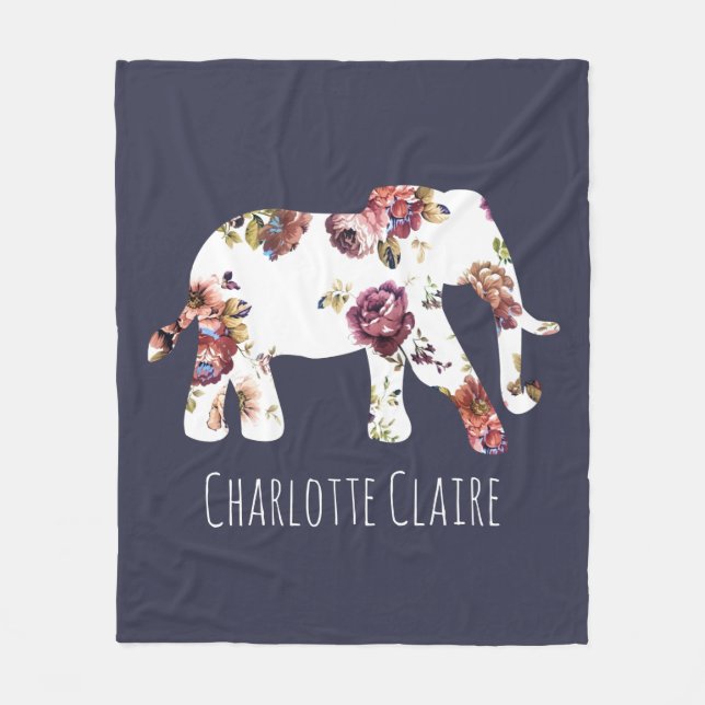 Personalised - Girly Granny Floral Elephant Fleece Blanket (Front)