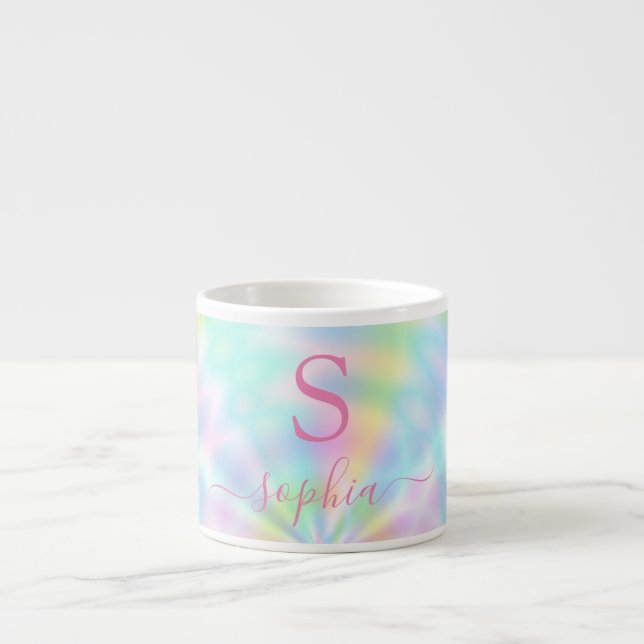 Personalised Girly Holographic Iridescent Rainbow Espresso Cup (Front)