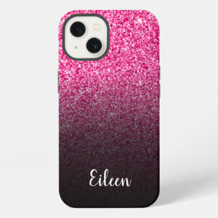 Personalised Girly Hot Pink Glitter Black Ombre iPhone 13 Case