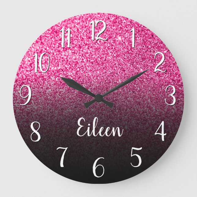 Personalised Girly Hot Pink Glitter Black Ombre Large Clock (Front)