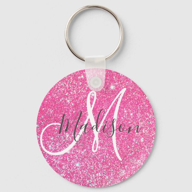Personalised Girly Hot Pink Glitter Sparkle Name Key Ring (Front)