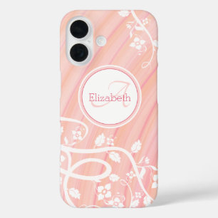 Personalised Girly Monogram Name Pink White Floral iPhone 16 Case