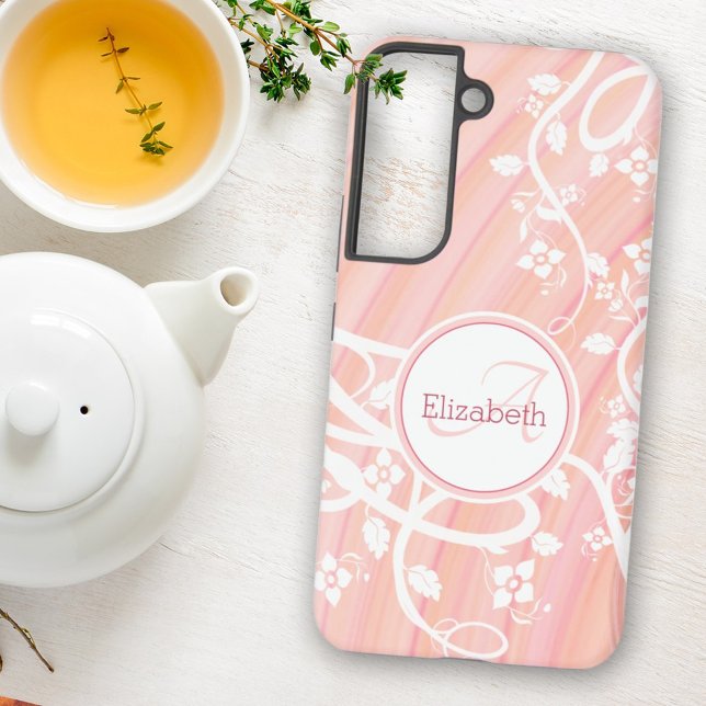 Personalised Girly Monogram Name Pink White Floral Samsung Galaxy S22 Case (You won't mistake your phone for others with this monogram and name personalized pink spiral case. )