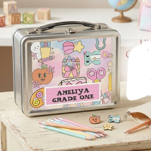 Personalised Girly Pastel ABC Icons Back to School Metal Lunch Box