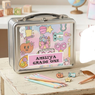 Personalised Girly Pastel ABC Icons Back to School Metal Lunch Box