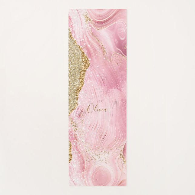 Personalised Girly Pink Agate w/Gold Glitter Yoga Mat (Front)