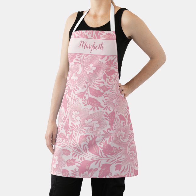 Personalised Girly Pink Flowers & Swirls Apron (Insitu)