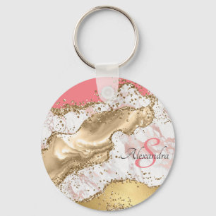 Personalised Girly Pink Glitter Agate Monogrammed Key Ring