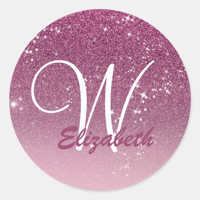 Personalised Girly Pink Glitter Sparkles Monogram Classic Round Sticker (Front)