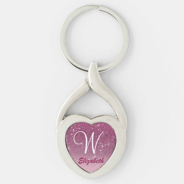 Personalised Girly Pink Glitter Sparkles Monogram Key Ring (Front)