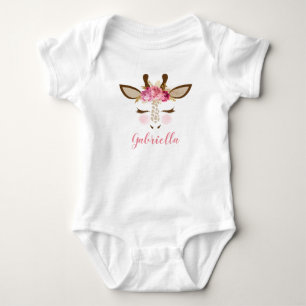 Personalised Girly Pink Gold Floral Giraffe Face Baby Bodysuit