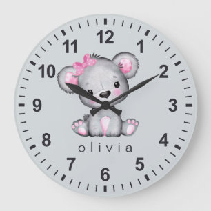 Personalised Girly Pink Teddy Bear Grey Large Clock