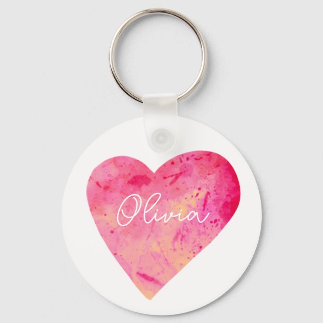 Personalised Girly Pink Watercolor Heart Key Ring (Front)