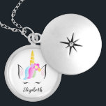 Personalised girly pretty magical unicorn locket necklace<br><div class="desc">She's magical,  amazing like a unicorn. Remind her of her beauty and grace with this locket necklace. Personalise with her name in an elegant script font.
Featuring my rainbow-haired unicorn,  crown head illustration with flowers and sleepy cute lashes. A special gift for the extraordinary little girl in your life.</div>