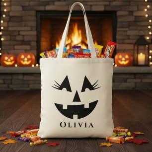 Personalised Girly Pumpkin Face Halloween Tote Bag