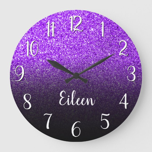 Personalised Girly Purple Glitter Black Ombre Large Clock (Front)