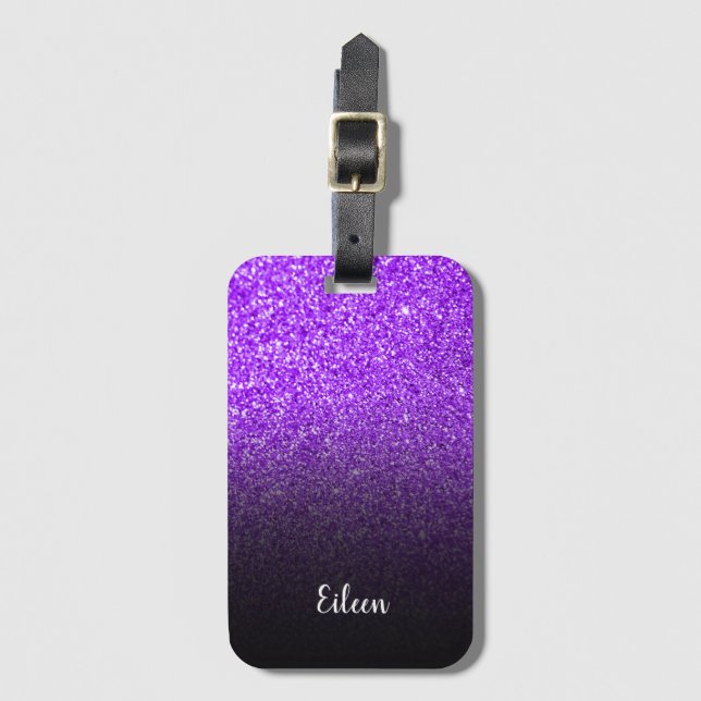Personalised Girly Purple Glitter Black Ombre Luggage Tag (Front Vertical)