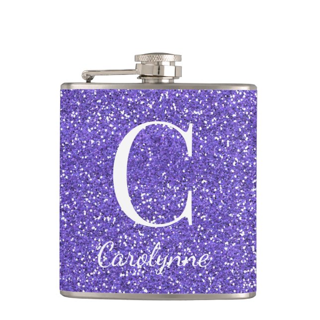 Personalised Girly Purple Sparkle Glitter Monogram Hip Flask (Front)