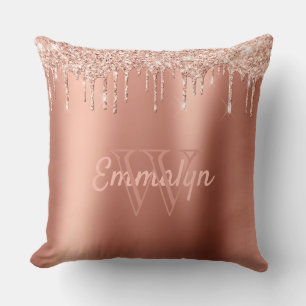 Personalised Girly Rose Gold  Coral Glitter Drip Cushion