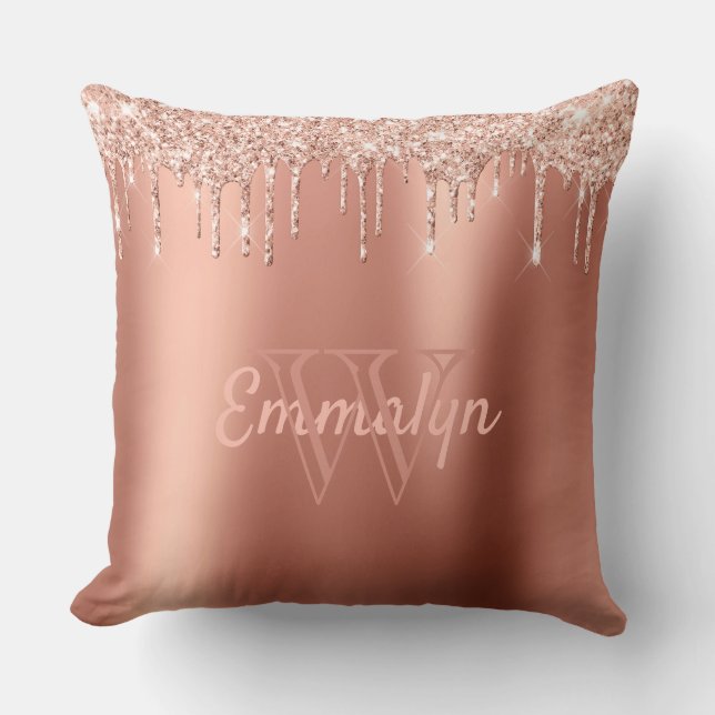 Personalised Girly Rose Gold  Coral Glitter Drip Cushion (Front)